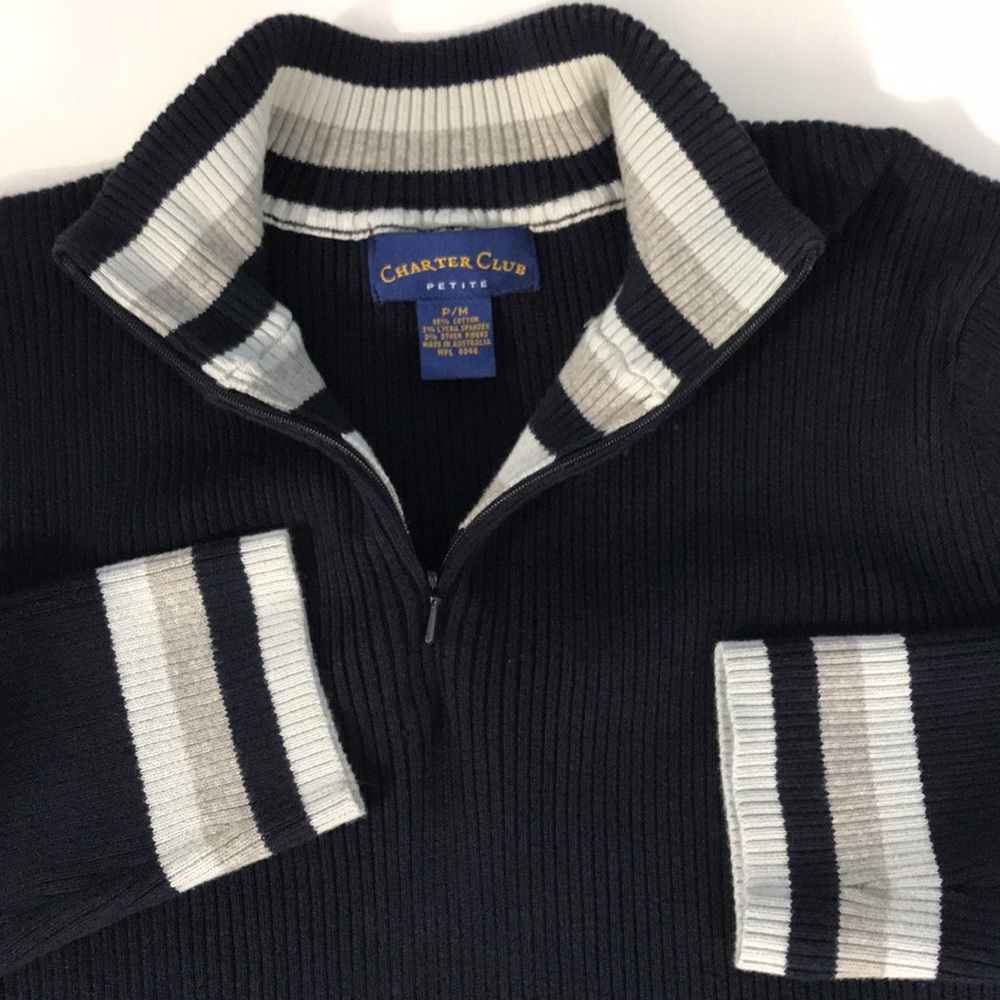 Charter Club Classic Navy Blue Ribbed 1/4 Zip Pullover Sweater with Stripe PM